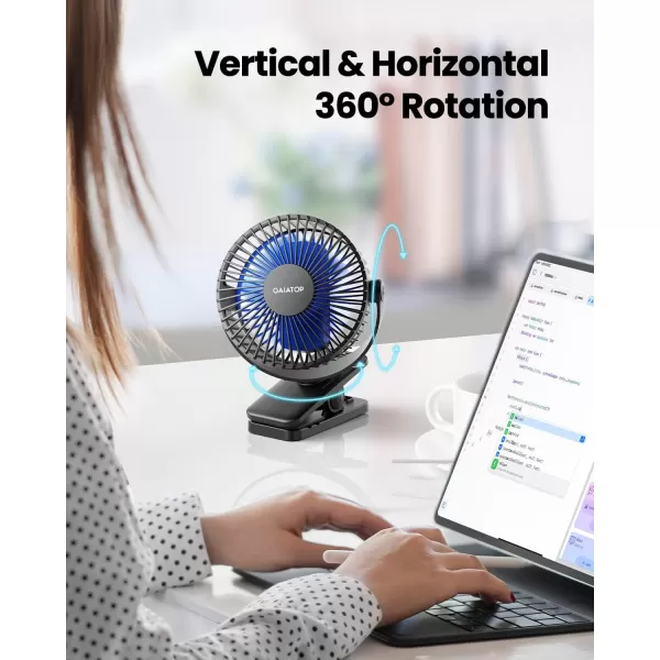 Gaiatop Portable Clip on Fan Battery Operated Small Powerful USB Desk Fan 3 Speed Quiet Rechargeable Mini Table Fan 360 Rotate Personal Cooling Fan for Home Office Stroller Camping Black Blueblack blue