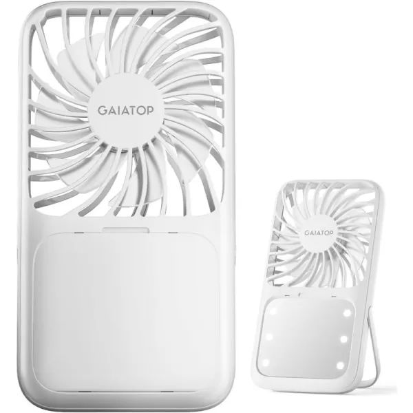 Gaiatop Handheld Mini Fan 3 Speed Portable Lash Fan Makeup Mirror with LED Light 2000mAh USB Rechargeable Personal Desk Fan with Stand Small Hand Fan for Outdoor Travel Gifts for Women Girls PinkWhite