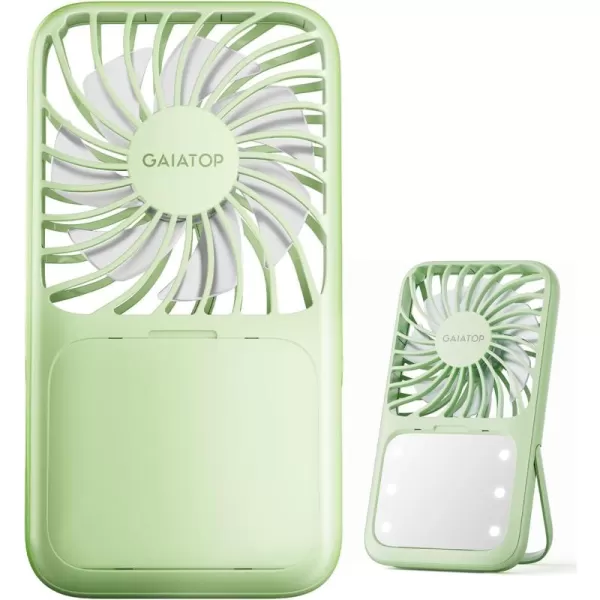 Gaiatop Handheld Mini Fan 3 Speed Portable Lash Fan Makeup Mirror with LED Light 2000mAh USB Rechargeable Personal Desk Fan with Stand Small Hand Fan for Outdoor Travel Gifts for Women Girls PinkGreen