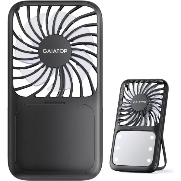 Gaiatop Handheld Mini Fan 3 Speed Portable Lash Fan Makeup Mirror with LED Light 2000mAh USB Rechargeable Personal Desk Fan with Stand Small Hand Fan for Outdoor Travel Gifts for Women Girls PinkBlack