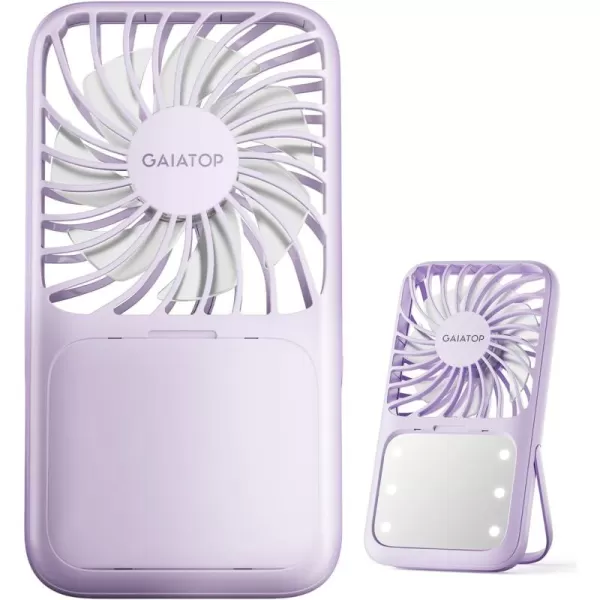 Gaiatop Handheld Mini Fan 3 Speed Portable Lash Fan Makeup Mirror with LED Light 2000mAh USB Rechargeable Personal Desk Fan with Stand Small Hand Fan for Outdoor Travel Gifts for Women Girls PinkPurple