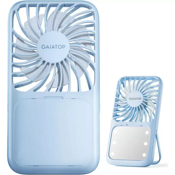 Gaiatop Handheld Mini Fan 3 Speed Portable Lash Fan Makeup Mirror with LED Light 2000mAh USB Rechargeable Personal Desk Fan with Stand Small Hand Fan for Outdoor Travel Gifts for Women Girls PinkBlue