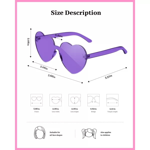 Gaiatop Heart Sunglasses for Women Candy Color Transparent Rimless Heart Glasses for Girls Cute Heart Shaped SunglassesHeart Purple