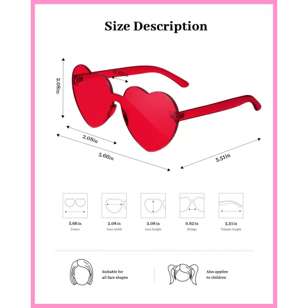 Gaiatop Heart Sunglasses for Women Candy Color Transparent Rimless Heart Glasses for Girls Cute Heart Shaped SunglassesHeart Red