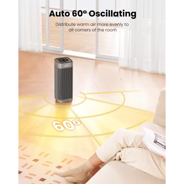 GAIATOP Space Heaters for Indoor Use 1500W Portable Electric Heater Quiet PTC Ceramic Heat with Thermostat 5 Modes Remote 60 Oscillating 12Hrs Timer Powerful Wind for Bedroom Office HomeSilver