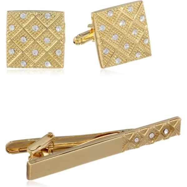 Stacy Adams Mens Gold Cuff Link and Tie Bar With Crystals Set
