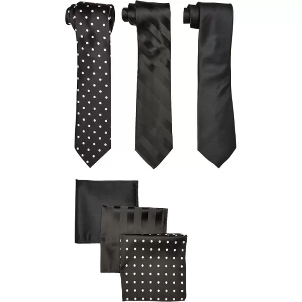 STACY ADAMS mens 3 Pack Satin Neckties Solid Striped Dots With Pocket SquaresNecktieBlack