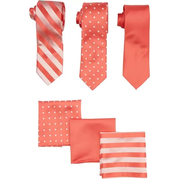STACY ADAMS mens 3 Pack Satin Neckties Solid Striped Dots With Pocket SquaresNecktieCoral