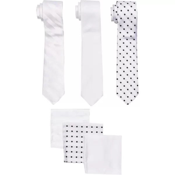 STACY ADAMS mens 3 Pack Satin Neckties Solid Striped Dots With Pocket SquaresNecktieWhite