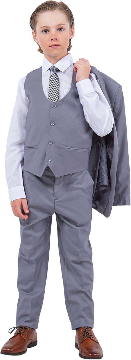 imageSTACY ADAMS Boys Classic 5Piece Suit Set  Blazer Vest Pants Shirt ampamp TieMedium Grey