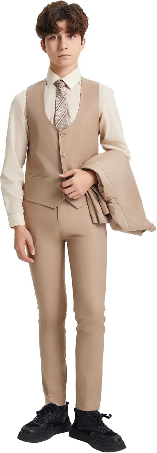 imageSTACY ADAMS Boys Classic 5Piece Suit Set  Blazer Vest Pants Shirt ampamp TieMedium Tan