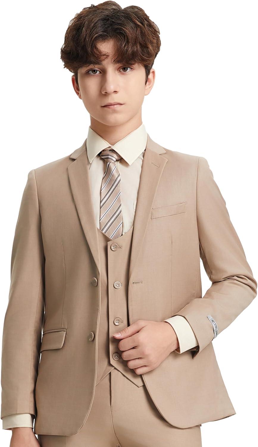 imageSTACY ADAMS Boys Classic 5Piece Suit Set  Blazer Vest Pants Shirt ampamp TieMedium Tan