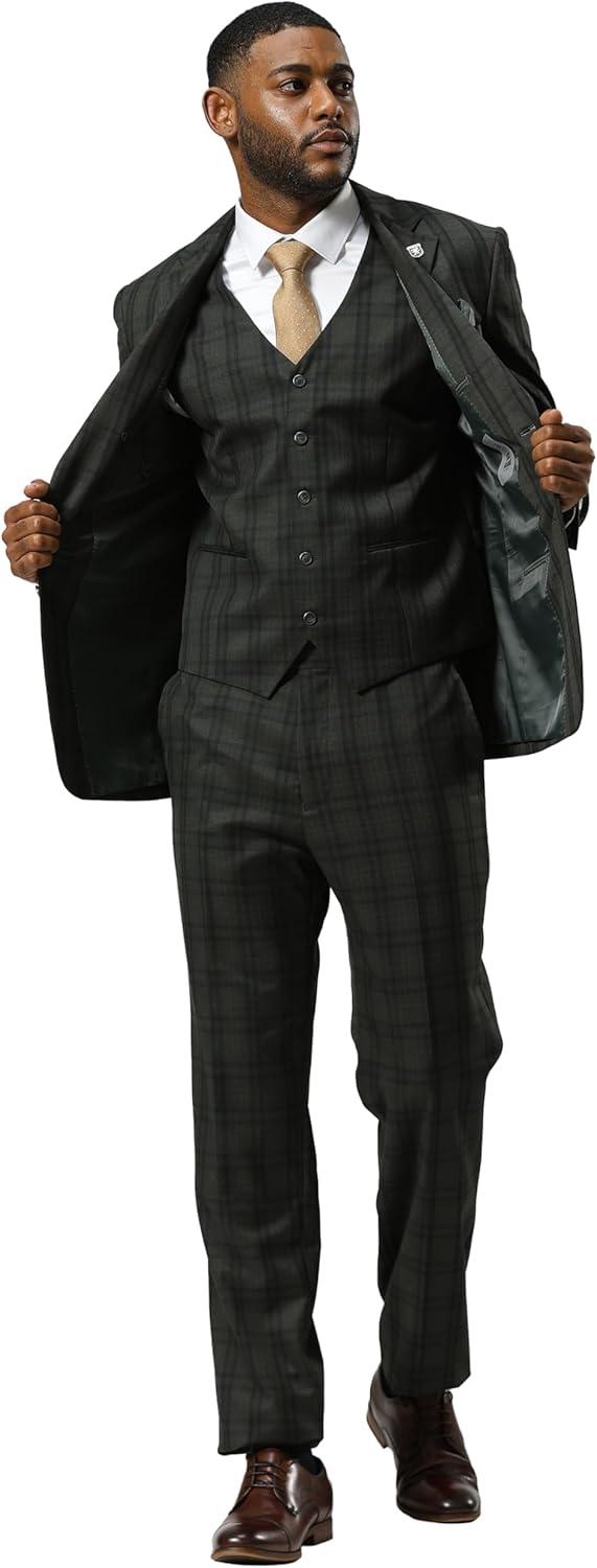 imageSTACY ADAMS Mens Hackman Classic Modern 3Piece Suit  Slim Fit Windowpane Design Tailored Jacket Vest and TrousersGreen
