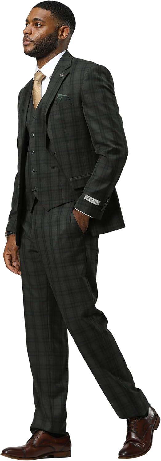imageSTACY ADAMS Mens Hackman Classic Modern 3Piece Suit  Slim Fit Windowpane Design Tailored Jacket Vest and TrousersGreen