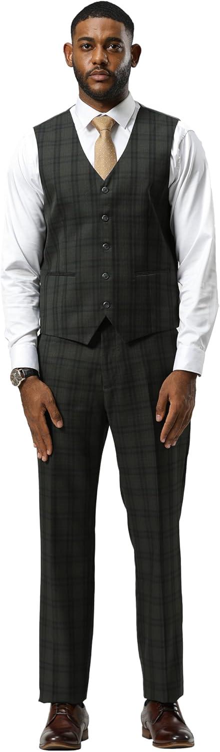 imageSTACY ADAMS Mens Hackman Classic Modern 3Piece Suit  Slim Fit Windowpane Design Tailored Jacket Vest and TrousersGreen