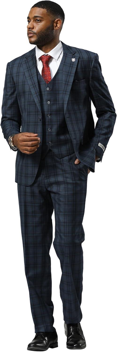imageSTACY ADAMS Mens Hackman Classic Modern 3Piece Suit  Slim Fit Windowpane Design Tailored Jacket Vest and TrousersNavy