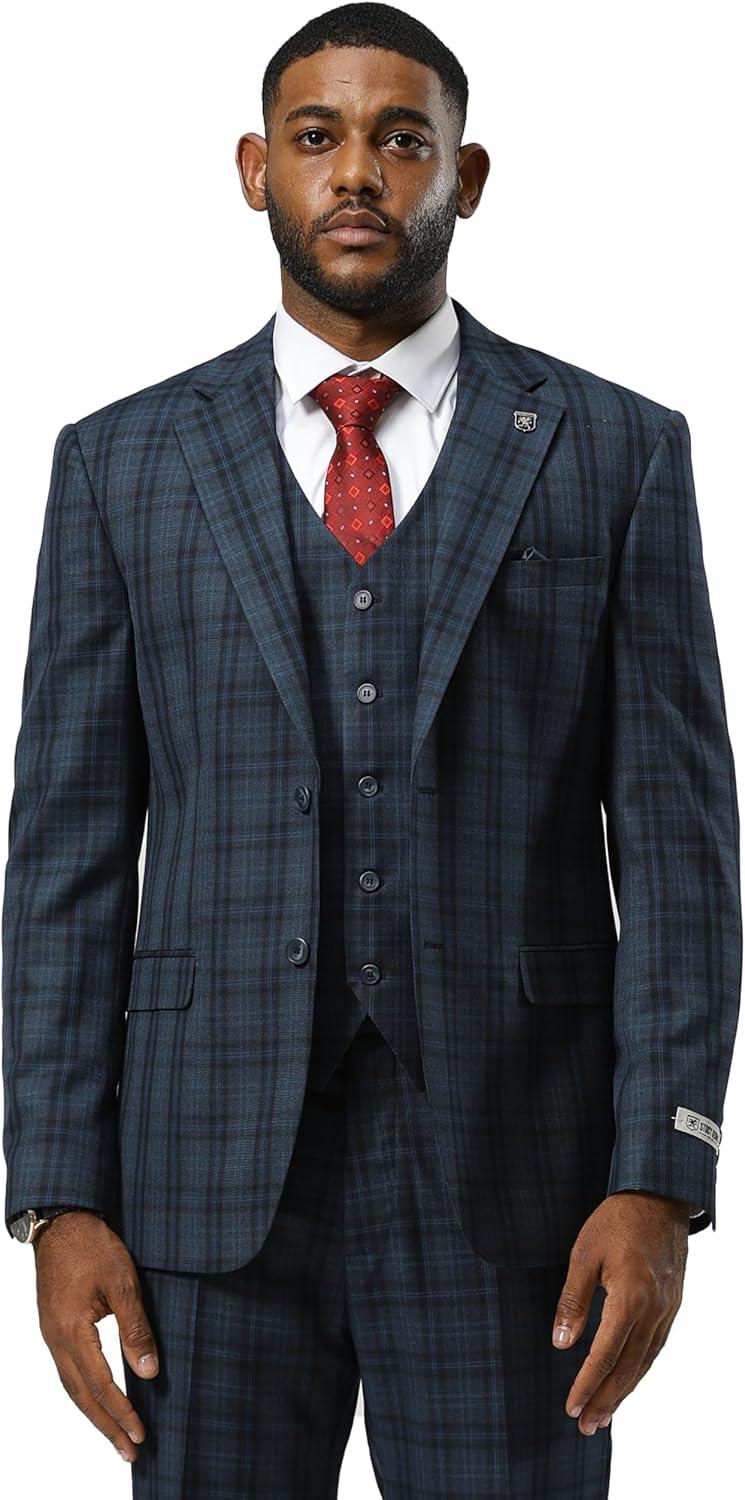 imageSTACY ADAMS Mens Hackman Classic Modern 3Piece Suit  Slim Fit Windowpane Design Tailored Jacket Vest and TrousersNavy