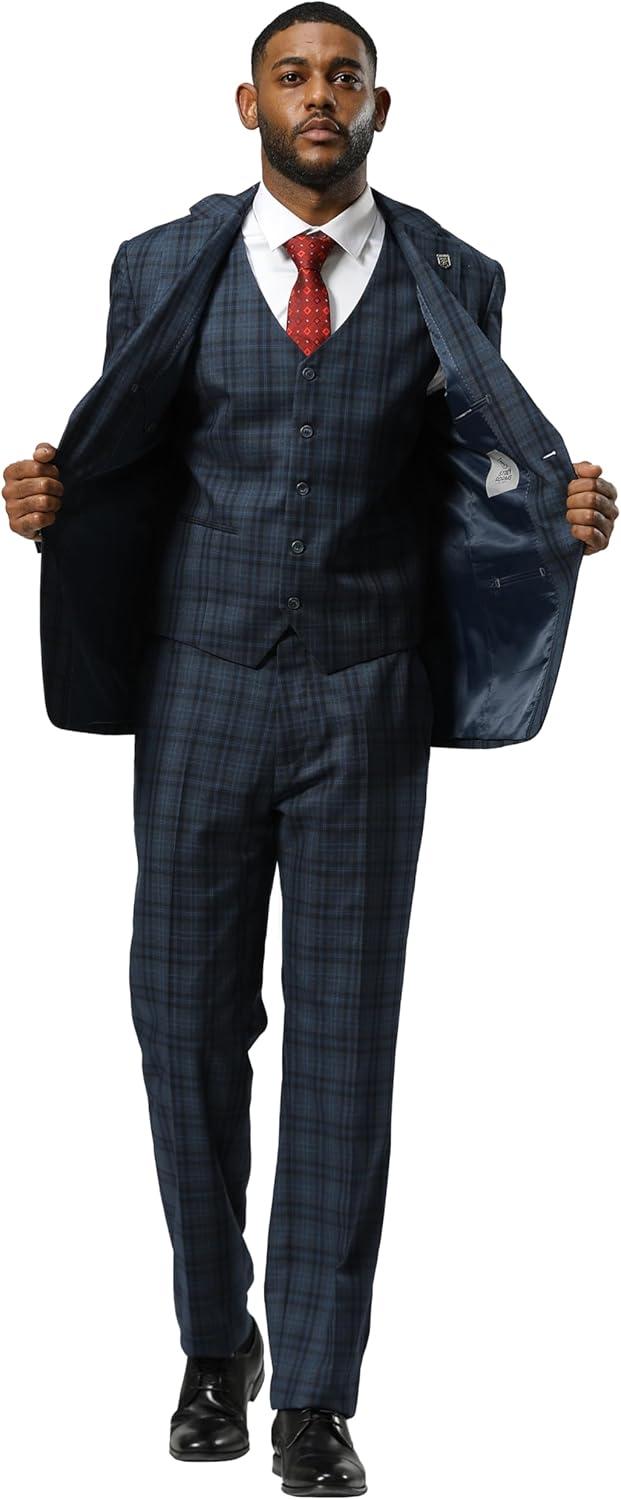 imageSTACY ADAMS Mens Hackman Classic Modern 3Piece Suit  Slim Fit Windowpane Design Tailored Jacket Vest and TrousersNavy