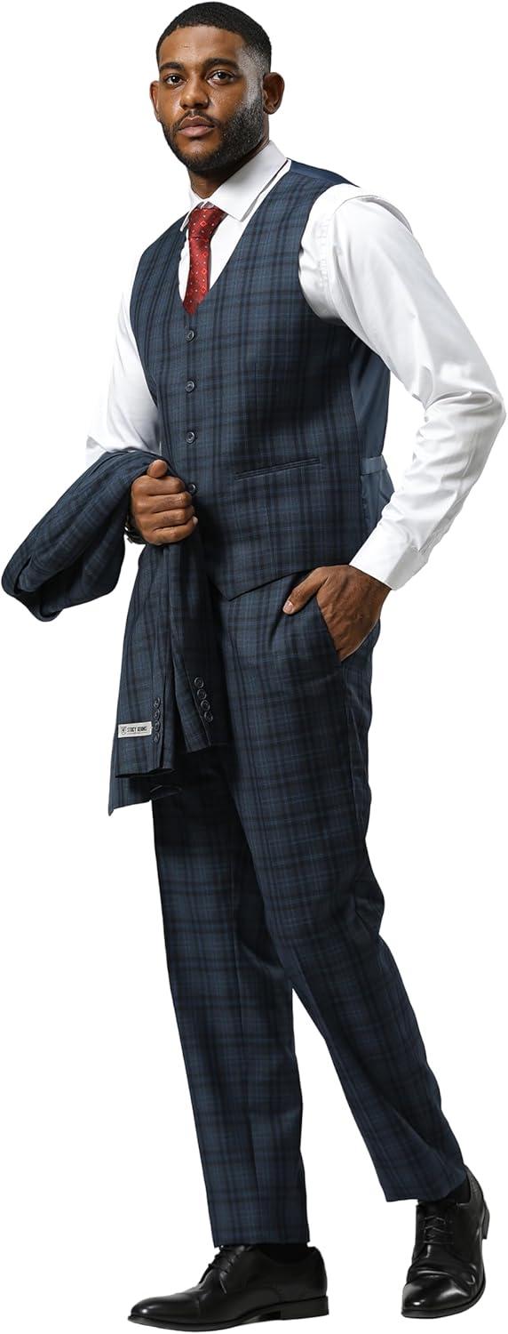 imageSTACY ADAMS Mens Hackman Classic Modern 3Piece Suit  Slim Fit Windowpane Design Tailored Jacket Vest and TrousersNavy