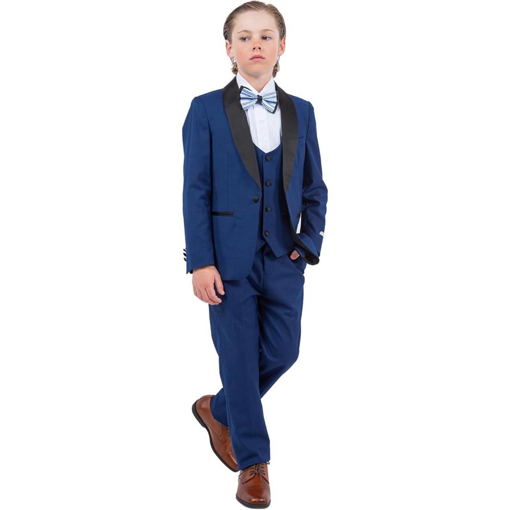 imageSTACY ADAMS Boys Classic 5Piece Tuxedo Set  Blazer Vest Pants Shirt ampamp TieIndigo Blue