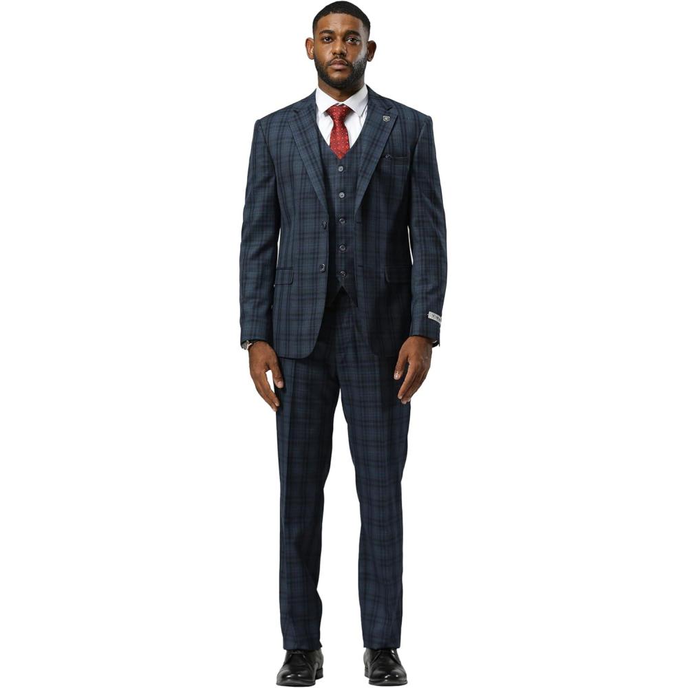 imageSTACY ADAMS Mens Hackman Classic Modern 3Piece Suit  Slim Fit Windowpane Design Tailored Jacket Vest and TrousersNavy
