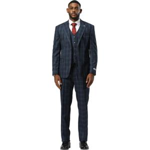imageSTACY ADAMS Mens Hackman Classic Modern 3Piece Suit  Slim Fit Windowpane Design Tailored Jacket Vest and TrousersNavy