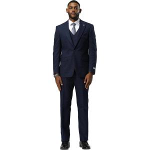 imageSTACY ADAMS Mens Classic Modern 3Piece Suit  Slim Fit Glen Check Tailored Jacket Vest and SlimFit TrousersBlue With Orange