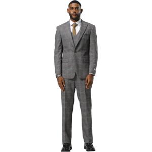 imageSTACY ADAMS Mens Classic Modern 3Piece Suit  Slim Fit Glen Check Tailored Jacket Vest and SlimFit TrousersGrey With Orange