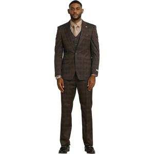 imageSTACY ADAMS Mens Classic Modern 3Piece Suit  Slim Fit Glen Plaid Tailored Jacket Vest and SlimFit TrousersBrown