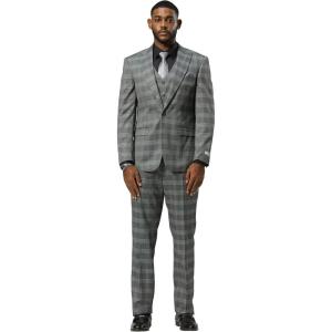 imageSTACY ADAMS Mens Classic Modern 3Piece Suit  Slim Fit Glen Plaid Tailored Jacket Vest and SlimFit TrousersGrey