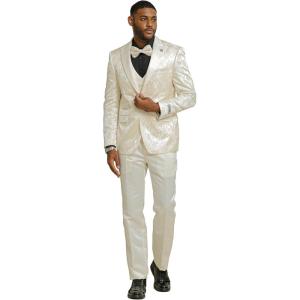 imageSTACY ADAMS Mens Sleek Modern 3Piece Suit  Slim Fit Paisley Satin Design Tailored Jacket with Solid Satin Vest ampamp TrousersIvory