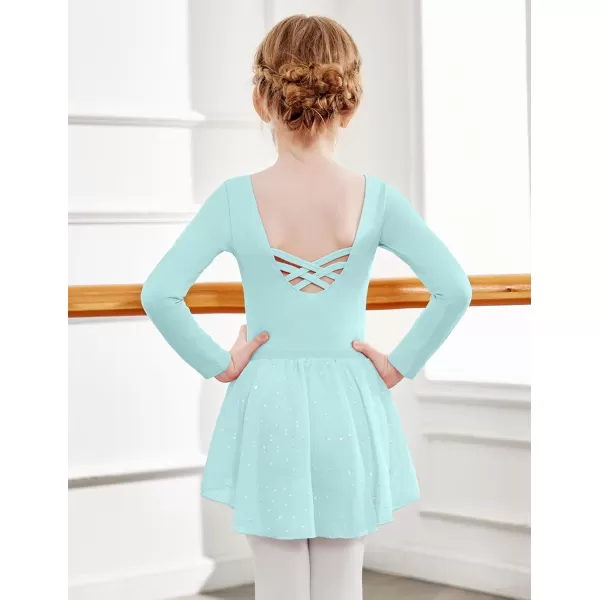 Zaclotre Girls Ballet Leotards Toddler Long Sleeve Crisscross Back Dance Dress Outfit with Removable Shiny Skirt ComboAqua Green