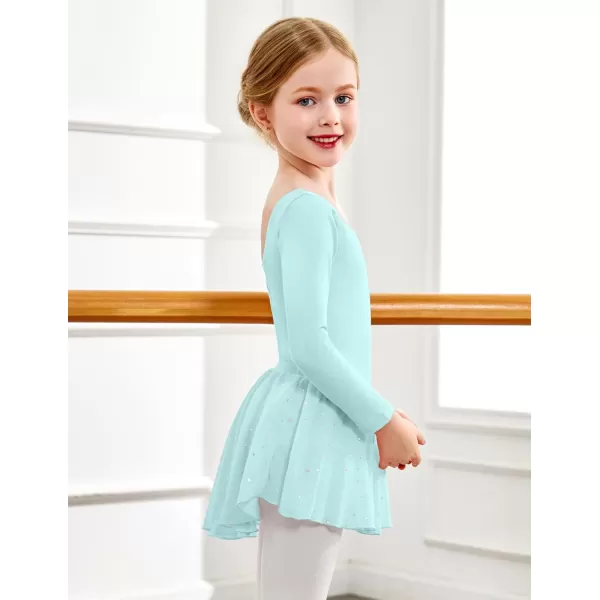 Zaclotre Girls Ballet Leotards Toddler Long Sleeve Crisscross Back Dance Dress Outfit with Removable Shiny Skirt ComboAqua Green
