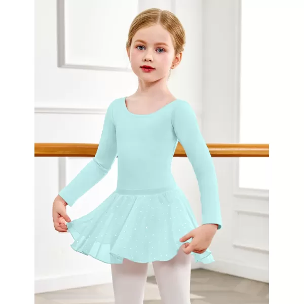 Zaclotre Girls Ballet Leotards Toddler Long Sleeve Crisscross Back Dance Dress Outfit with Removable Shiny Skirt ComboAqua Green