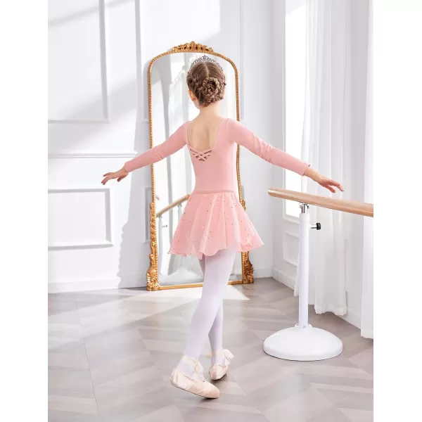 Zaclotre Girls Ballet Leotards Toddler Long Sleeve Crisscross Back Dance Dress Outfit with Removable Shiny Skirt ComboBallet Pink