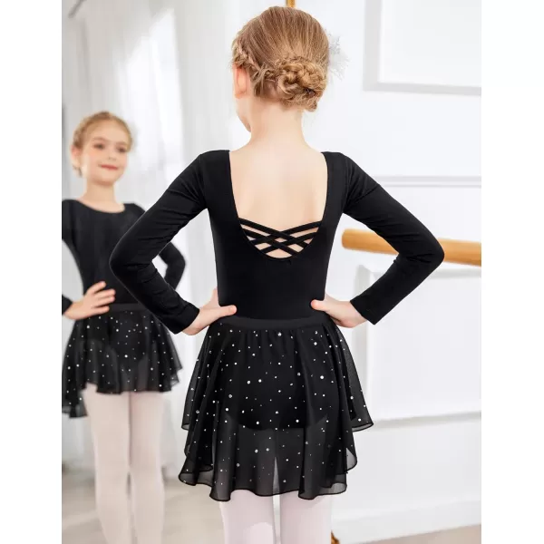 Zaclotre Girls Ballet Leotards Toddler Long Sleeve Crisscross Back Dance Dress Outfit with Removable Shiny Skirt ComboBlack