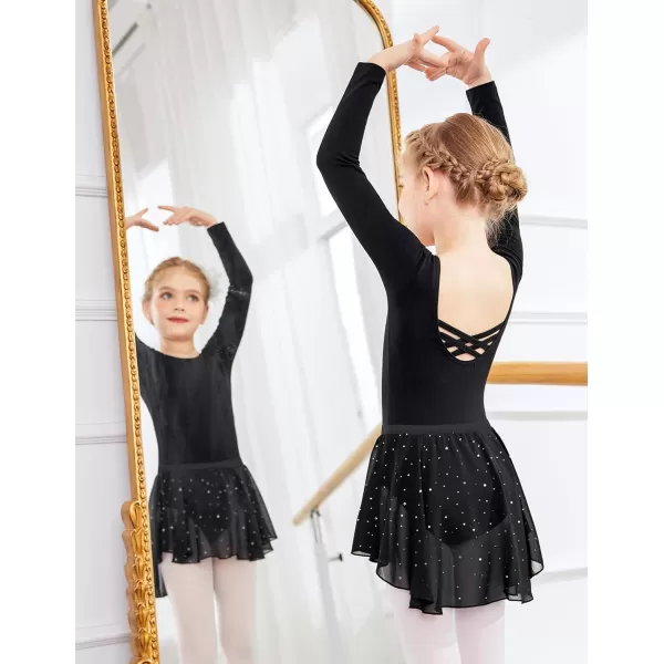 Zaclotre Girls Ballet Leotards Toddler Long Sleeve Crisscross Back Dance Dress Outfit with Removable Shiny Skirt ComboBlack