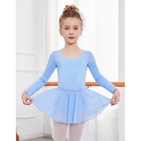 Zaclotre Girls Ballet Leotards Toddler Long Sleeve Crisscross Back Dance Dress Outfit with Removable Shiny Skirt ComboBlue