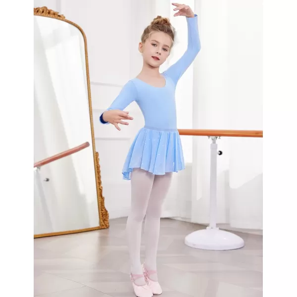 Zaclotre Girls Ballet Leotards Toddler Long Sleeve Crisscross Back Dance Dress Outfit with Removable Shiny Skirt ComboBlue