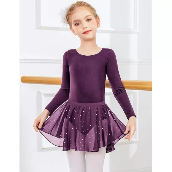 Zaclotre Girls Ballet Leotards Toddler Long Sleeve Crisscross Back Dance Dress Outfit with Removable Shiny Skirt ComboDark Purple