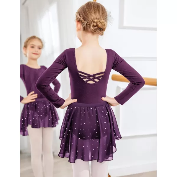 Zaclotre Girls Ballet Leotards Toddler Long Sleeve Crisscross Back Dance Dress Outfit with Removable Shiny Skirt ComboDark Purple