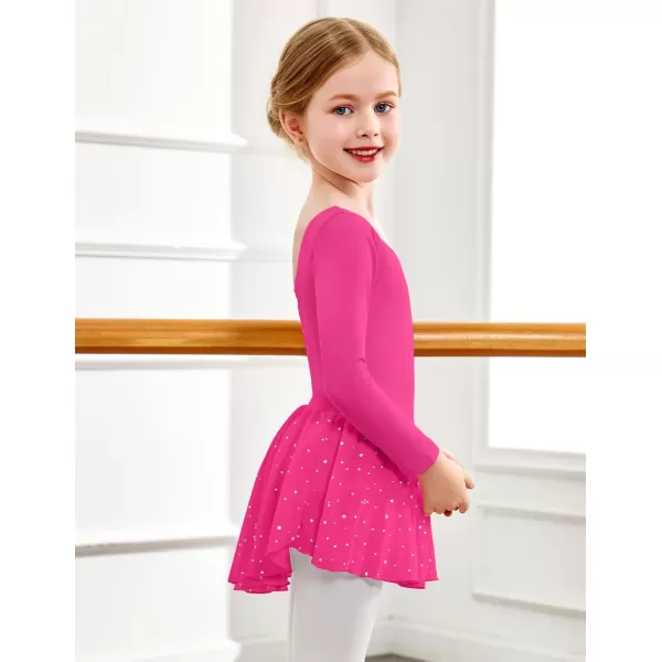 Zaclotre Girls Ballet Leotards Toddler Long Sleeve Crisscross Back Dance Dress Outfit with Removable Shiny Skirt ComboHot Pink