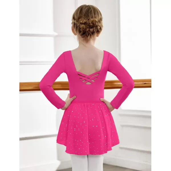 Zaclotre Girls Ballet Leotards Toddler Long Sleeve Crisscross Back Dance Dress Outfit with Removable Shiny Skirt ComboHot Pink