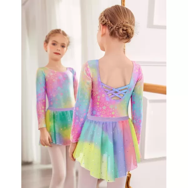 Zaclotre Girls Ballet Leotards Toddler Long Sleeve Crisscross Back Dance Dress Outfit with Removable Shiny Skirt ComboShiny Rainbow