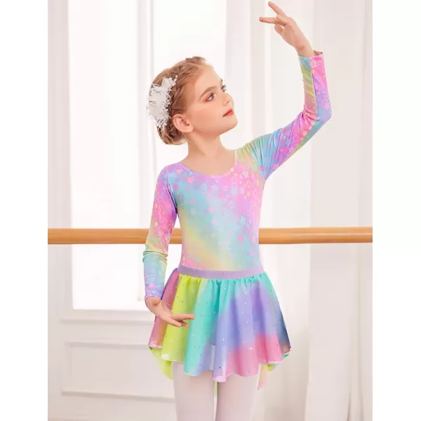 Zaclotre Girls Ballet Leotards Toddler Long Sleeve Crisscross Back Dance Dress Outfit with Removable Shiny Skirt ComboShiny Rainbow