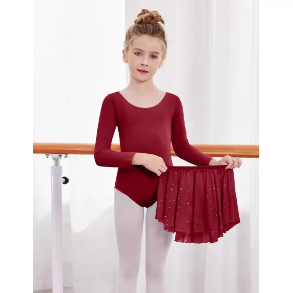 Zaclotre Girls Ballet Leotards Toddler Long Sleeve Crisscross Back Dance Dress Outfit with Removable Shiny Skirt ComboWine Red
