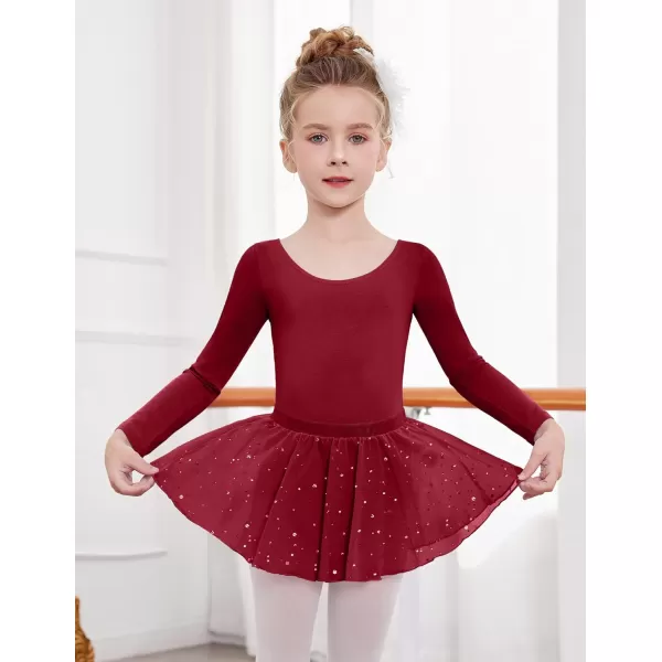 Zaclotre Girls Ballet Leotards Toddler Long Sleeve Crisscross Back Dance Dress Outfit with Removable Shiny Skirt ComboWine Red