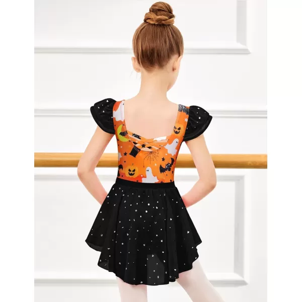 Zaclotre Girls Ballet Leotards with Removable High Low Skirt Toddler Ruffle Sleeve Hollow Back Dance Outfit ComboBlack Holloween