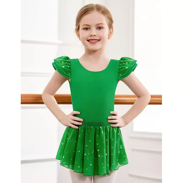 Zaclotre Girls Ballet Leotards with Removable High Low Skirt Toddler Ruffle Sleeve Hollow Back Dance Outfit ComboGreen