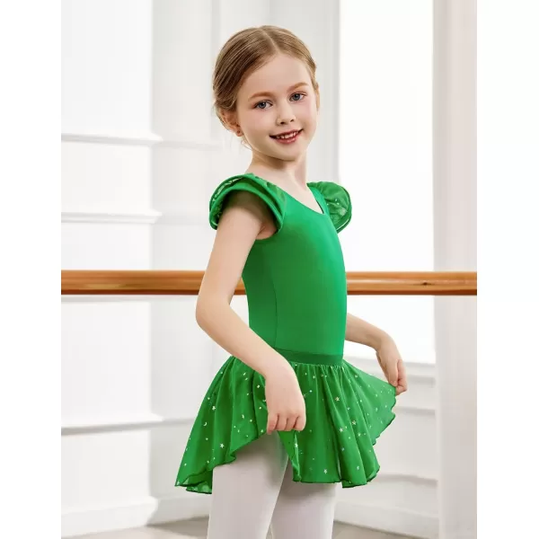 Zaclotre Girls Ballet Leotards with Removable High Low Skirt Toddler Ruffle Sleeve Hollow Back Dance Outfit ComboGreen
